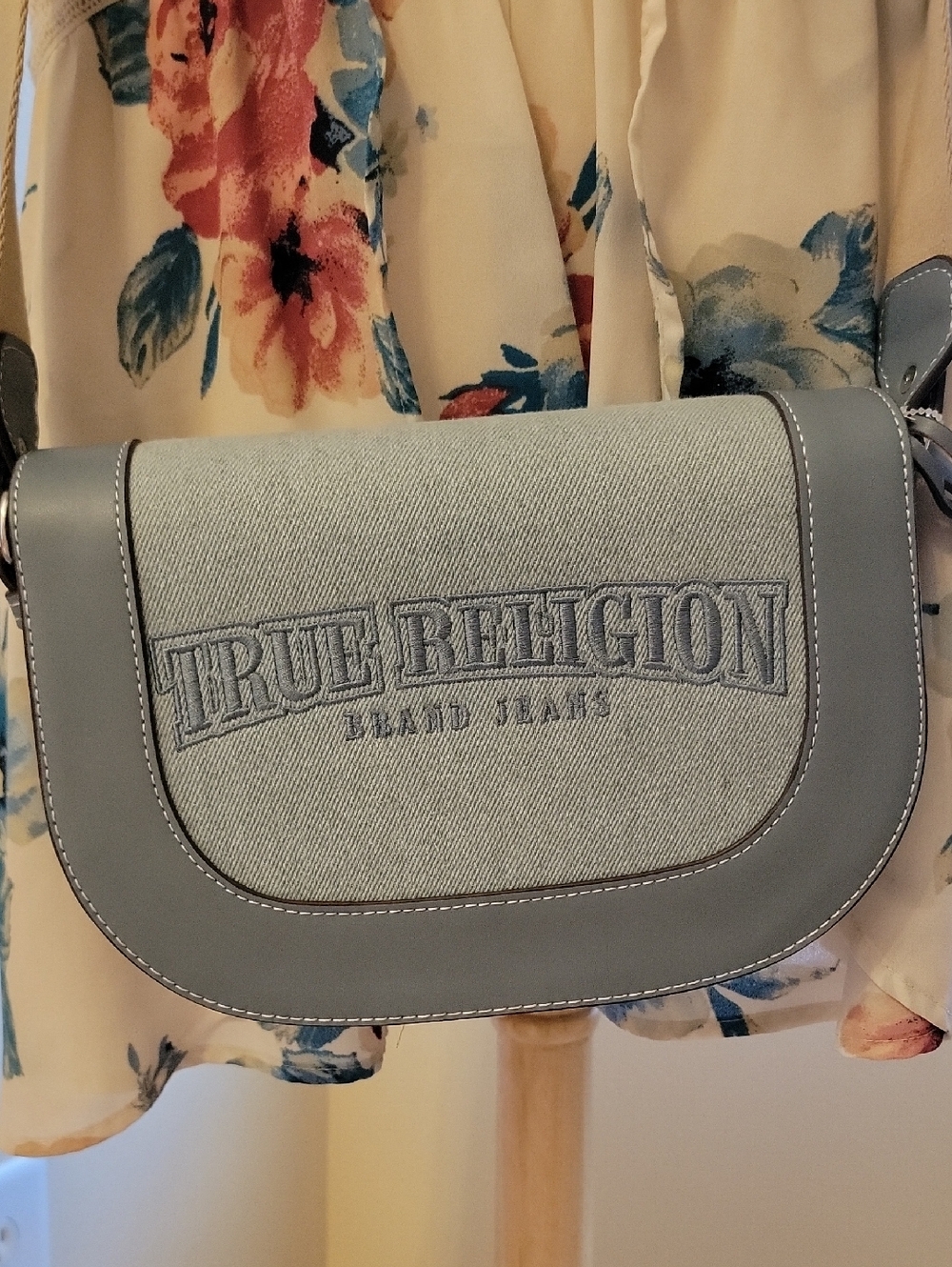 True Religion Light Blue Embroidered Crossbody Bag